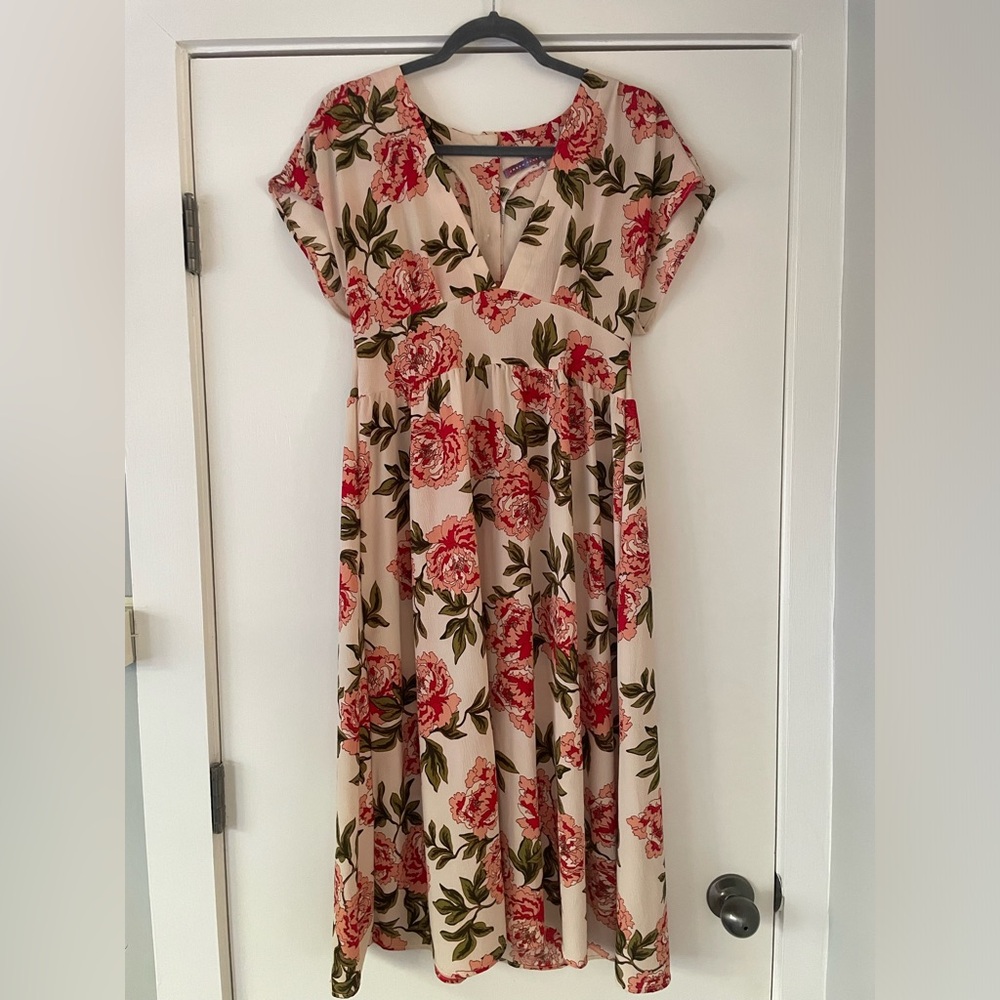 Urban Outfitters URBN Renewal Pink Floral Deep V Midi Dress